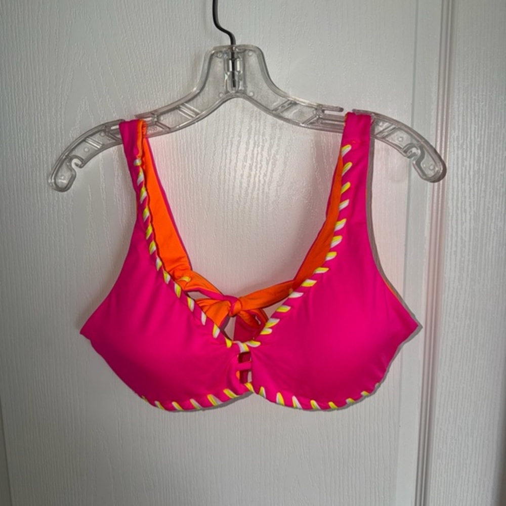 BECCA Swim NWOT Hot Pink Bikini Top with Orange Lining and Yellow Trim